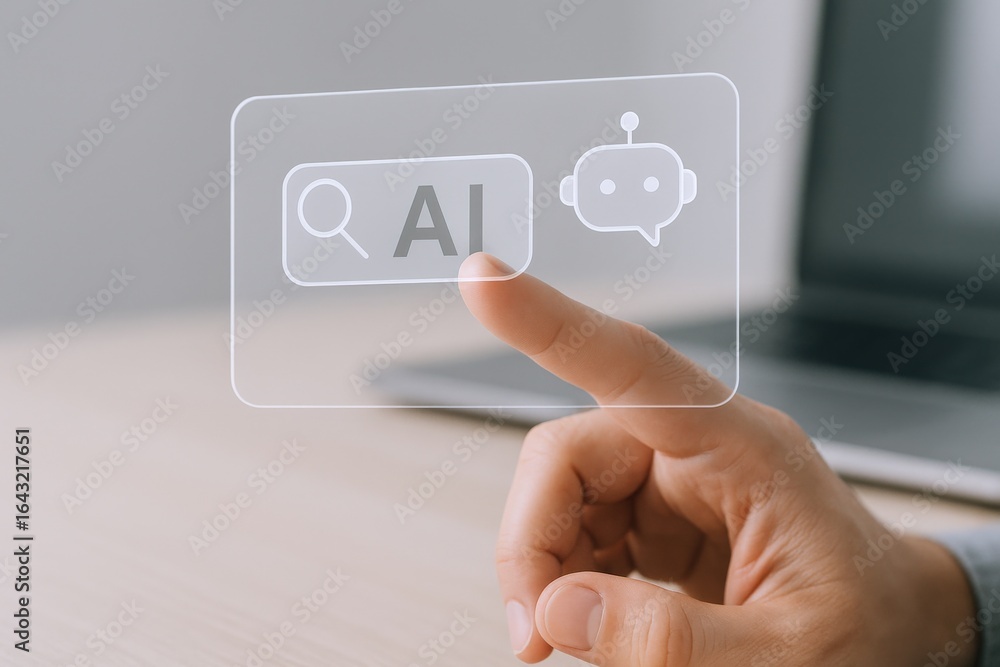 Poster artificial intelligence concept: person interacting with a virtual ai assistant on a touchscreen dis