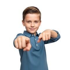A confident young boy smiling and pointing forward with both hands, symbolizing choice and determination. Ideal for educational materials, advertising, and motivational content.