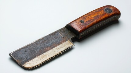 handcrafted knife features sturdy wooden handle and serrated edge showcasing quality of craftsmanship. Ideal for outdoor activities and culinary tasks.