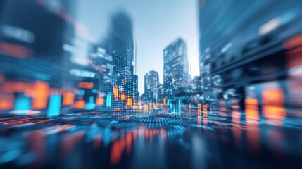 Futuristic Cityscape with Digital Overlays: Modern Architecture, Data Visualization, and Urban Innovation Concept