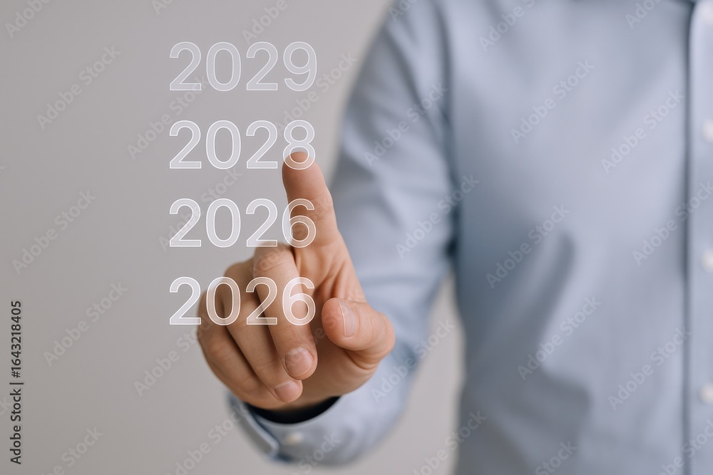 Poster future planning concept: man interacting with digital screen displaying years in ascending order