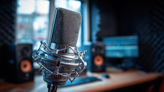 Professional condenser microphone in recording studio, audio equipment for voice, podcast, broadcast, music, and content creation