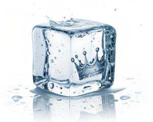 Crystal clear ice cube splashing into refreshing water, frozen in motion with sparkling droplets. Pure freshness and hydration captured in vivid detail. Perfect concept for cool beverage imagery.