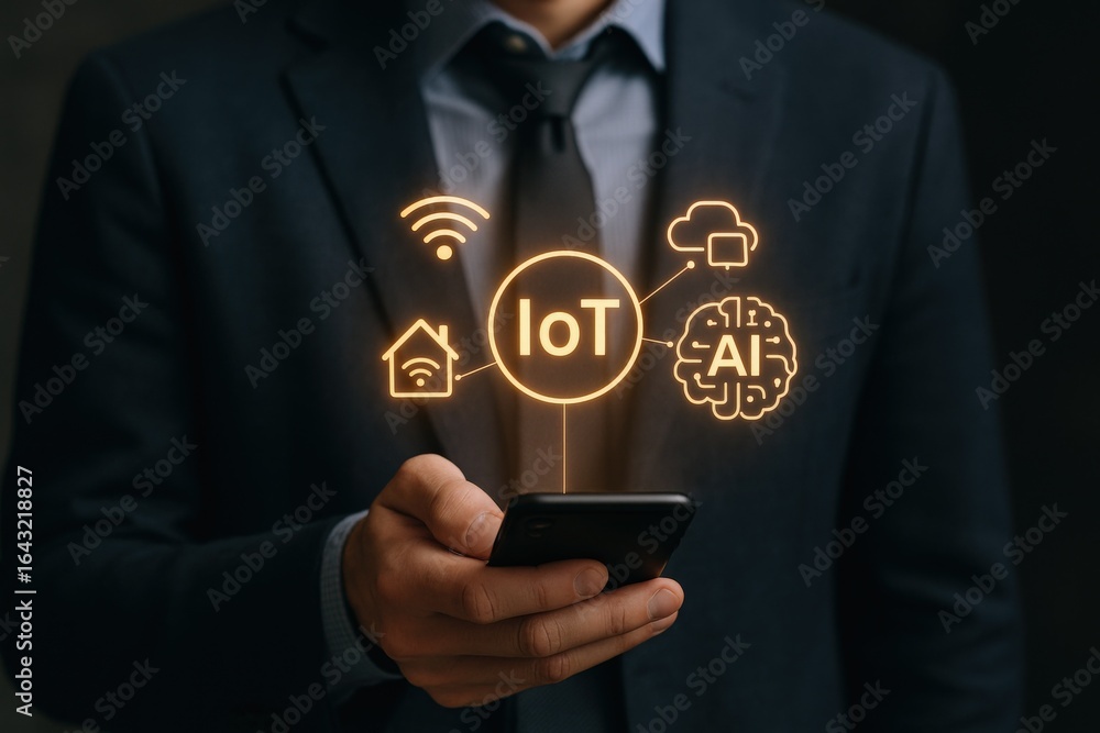 Poster businessman holding smartphone with iot icons displayed, representing smart technology and artificia