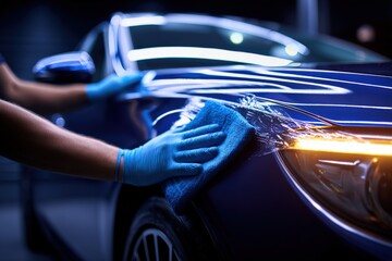 Detailing Specialist Carefully Polishing the Hood of a Modern Blue Car with a Microfiber Cloth