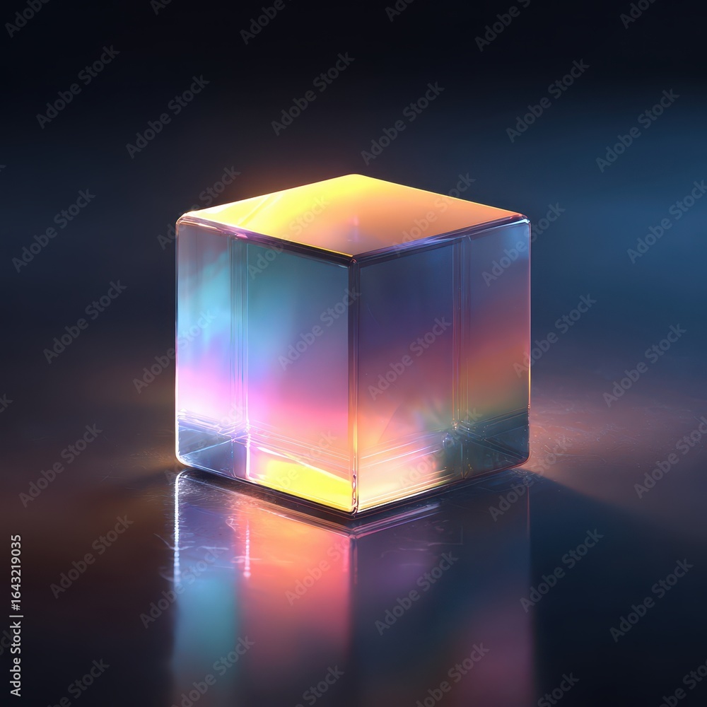 Poster translucent cube reflecting colorful light on surface, abstract concepts