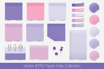 Realistic sticky paper note set, blank templates isolated on transparent background. Aesthetic purple paper mockup, post note stickers, sticky paper tapes, round stickers, paper clips and push pins