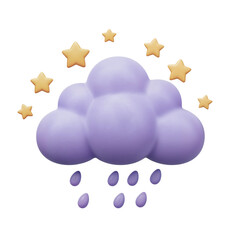Whimsical 3d illustration of a fluffy purple cloud raining with golden stars scattered around it isolated on transparent background