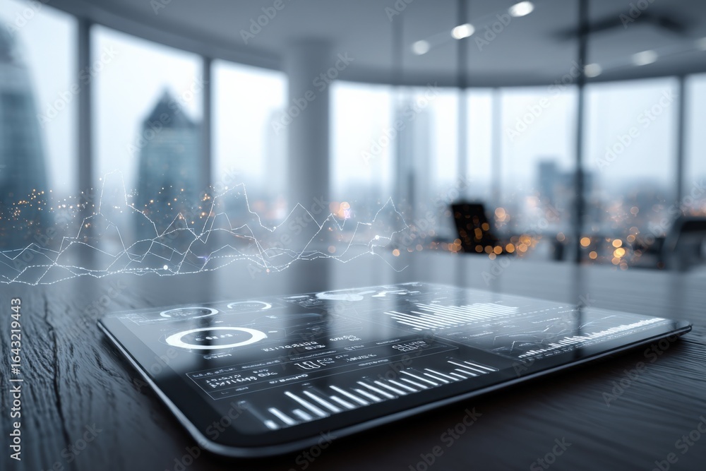 Poster tablet displaying financial data analytics overlooking a city skyline in an office setting