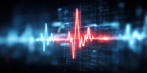 Digital Waveform Visualization of Data Transmission, Signal Processing, or Scientific Measurement on Blue Background
