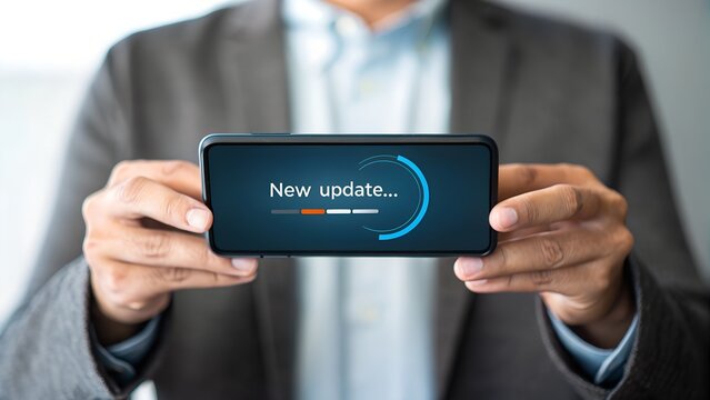 A man in a suit holds a smartphone displaying a new update message with a loading bar and circular progress indicator on a dark screen