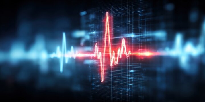 Digital Waveform Visualization of Data Transmission, Signal Processing, or Scientific Measurement on Blue Background - Powered by Adobe
