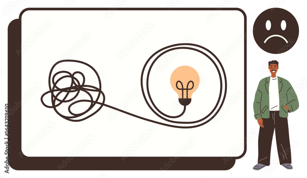 Poster tangled line resolving into a lightbulb idea, symbolizing creative thinking, problem-solving, and cl