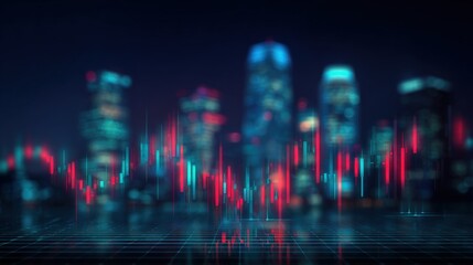 Abstract Financial Chart Overlaying a Blurred Cityscape at Night, Representing Market Trends and Economic Activity