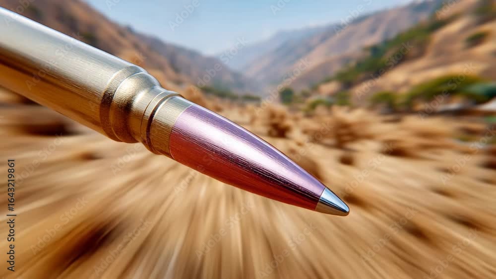 Poster close-up view of a metallic bullet with a polished tip, set against a blurred background of rolling 