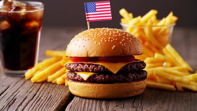 Double cheeseburger, french fries, and soda on a wooden table, with an American flag toothpick