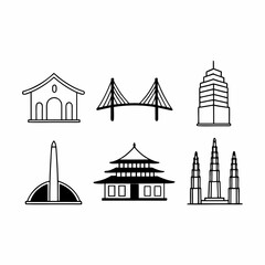 Collection of world landmarks isolated on white background in simple outline style vector illustration