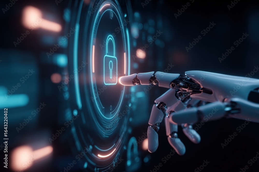 Poster robot hand activating security protocol with digital padlock, high tech cyber security concept
