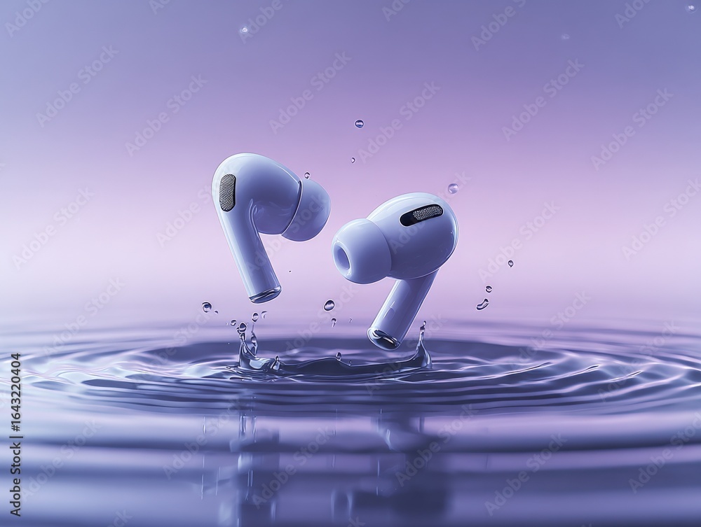 Poster wireless earbuds floating above water with splashes in a clean, modern product display against gradi