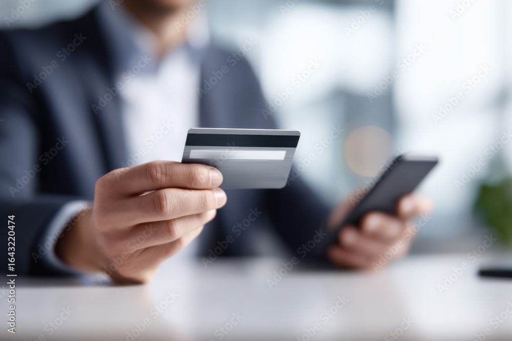 Poster man holding credit card and using a smartphone for online payment transaction in blurred background