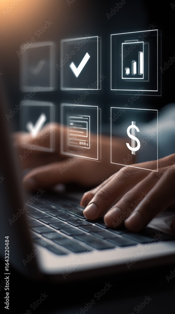 Aufkleber digital business efficiency: man typing on laptop with virtual icons overlay for task management