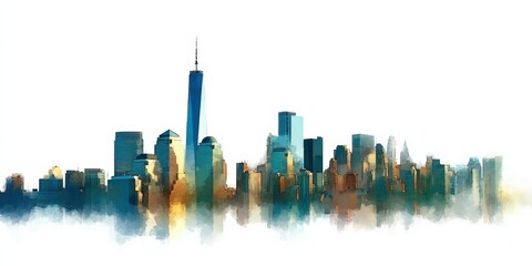 Fototapeta premium Abstract Cityscape Painting with Skyscrapers and Towering Buildings on White Background for Modern Decor