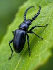 Naklejka premium Black longhorn beetle, Prionus coriarius on green leaf, macro detail shot of a black beetle also known as tanner or sawyer