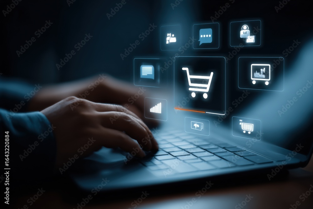 Poster online shopping experience: customer navigating e-commerce platform with interactive cart icon on la