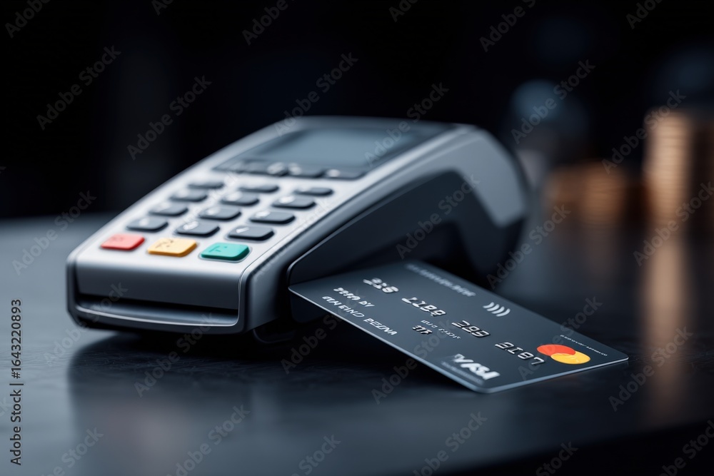 Poster close-up of a pos terminal with a credit card inserted for payment processing