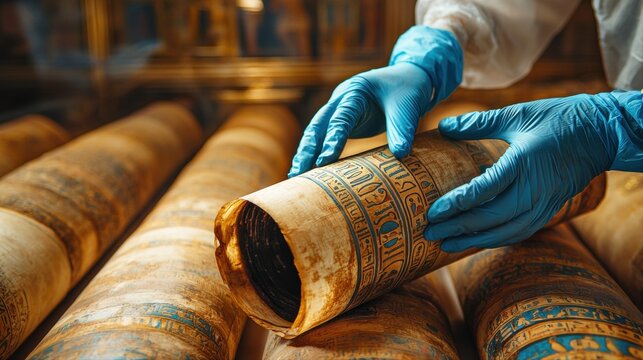 conservator in protective gloves carefully examines damaged ancient scroll adorned intricate blue and gold patterns inside museum. atmosphere is focused on preservation.