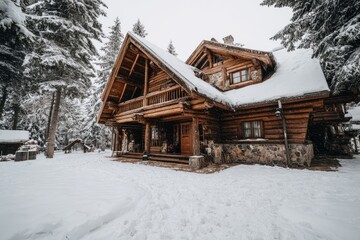 Snowy log cabin nestled in a winter forest (1)