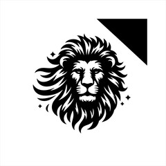 Stylized black and white lion head with stars and geometric shape