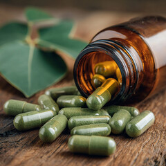 Green dietary supplements spilling from a brown bottle on a wooden surface, showcasing health and wellness, natural remedy concept