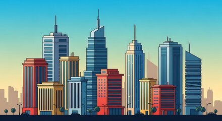 Obraz premium Illustration of a colorful cityscape illustration featuring a diverse array of skyscrapers against a gradient sky, showcasing urban development and architectural design