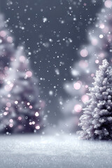 Serene winter scene featuring snowy trees adorned with soft, blurred lights, creating magical atmosphere of tranquility and joy