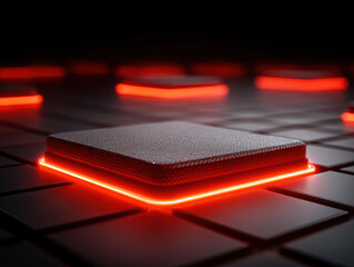 Glowing tech blocks with illuminated edges create futuristic atmosphere, showcasing vibrant red accents and sleek design