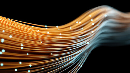 Glowing orange fiber optic particles create mesmerizing wave of light, showcasing beauty of technology and innovation