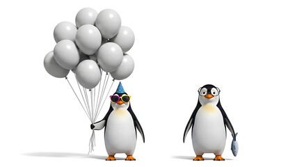 Cartoon Penguins Celebrate: One with Balloons and Party Hat, One with Fish and Glasses