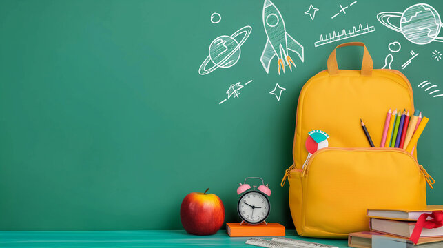 Yellow school backpack with colorful stationery, alarm clock, apple, and stack of books on green background with hand-drawn school doodles, back to school concept, high quality stock image