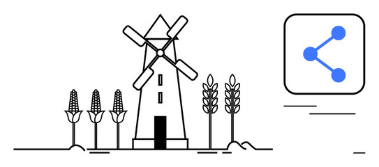 Windmill surrounded by corn and wheat plants, sharing network icon. Ideal for agriculture, renewable energy, sustainability, rural development, clean energy, technology integration, simple landing
