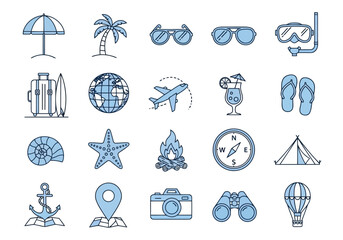 Collection of summer vacation icons representing travel destinations and tropical getaways for a relaxing holiday adventure