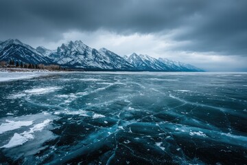 Frozen lake, dramatic winter mountains