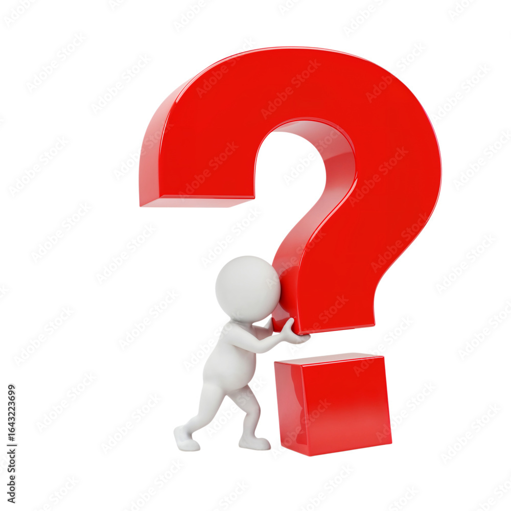 Poster small white 3d character pushing a large red question mark symbol isolated on transparent background