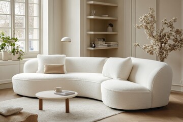 Side and back view of a white velvet curved sofa, capturing the elegance and luxurious texture of the furniture in a modern interior setting, Generative AI