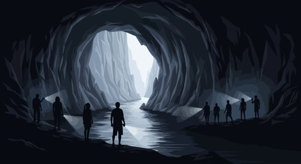 exploring the unknown silhouetted figures discover a serene underground river through a dark cave entrance symbolizing adventure discovery and the unveiling of hidden wonders