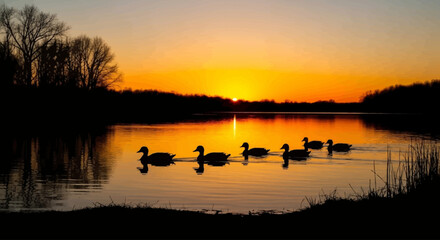 serene sunset silhouette ducks swimming on calm lake waters at golden hour ideal for peaceful nature wildlife and tranquil evening imagery