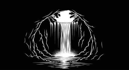 hidden waterfall serene black and white illustration for relaxation meditation and natureinspired designs