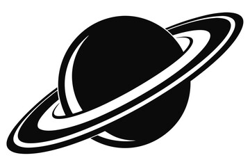 illustration showing a black and white silhouette of a planet with rings on a white backdrop
