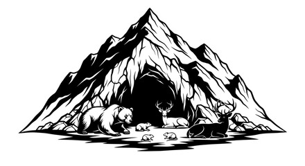 mountain cave wildlife sanctuary a striking black and white illustration of peaceful coexistence for nature conservation projects