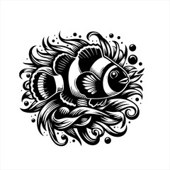 Stylized black and white clownfish with flowing waves and bubbles